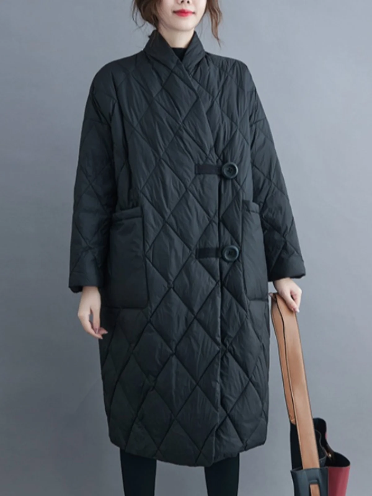 

Loose V-Ne Quilted Cotton Jaet Women's Mid-Length Knee-Over Lightweight down Cotton Coat Outerwear Winter Faion