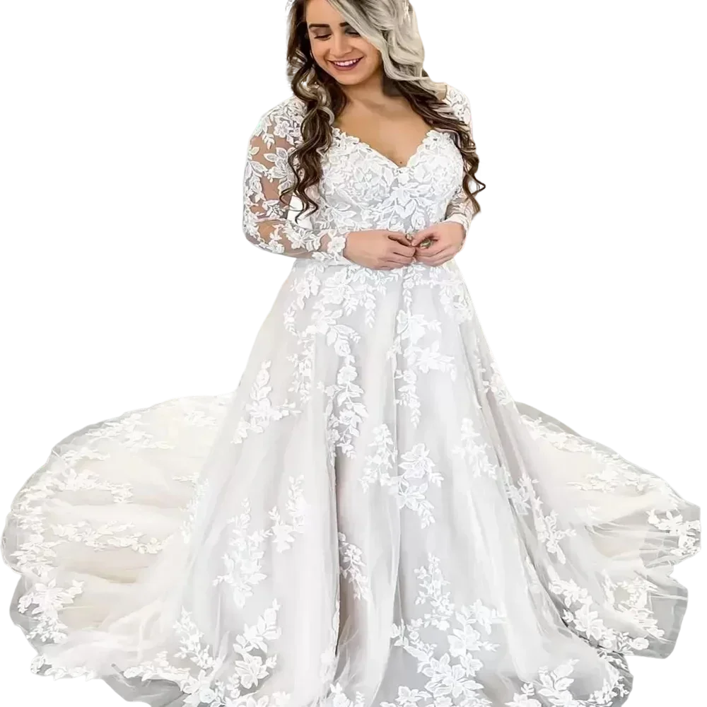 Customized Classic A-Line V Neck Lace Robe De Mariée Bridal Gowns Sweep Backless Plus Size Wedding Dresses