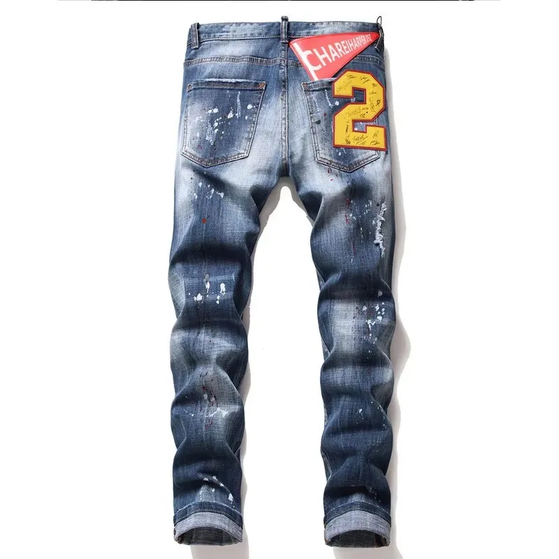 Plus size Jeans men's Chareharper dsq1066 tatters splash paint men's slim ripped badge Stretch jeans retro high-end men's pants