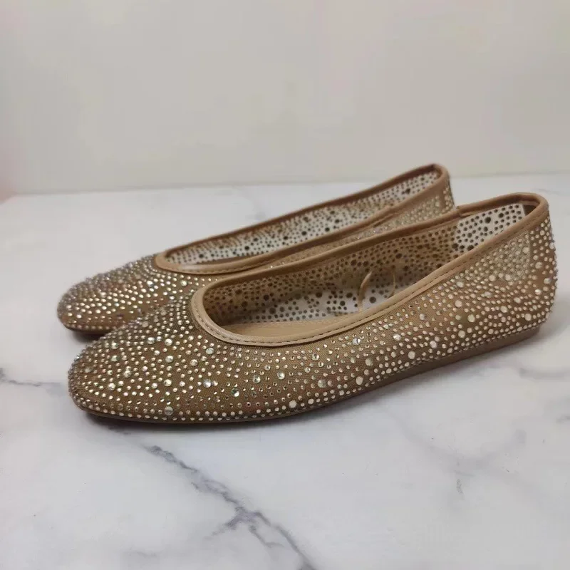 2024 Women's Summer Shoes New Shallow Round Toe Luxury Shiny Diamond Mesh Fabric Comfort Walking Ballet Flats for Female