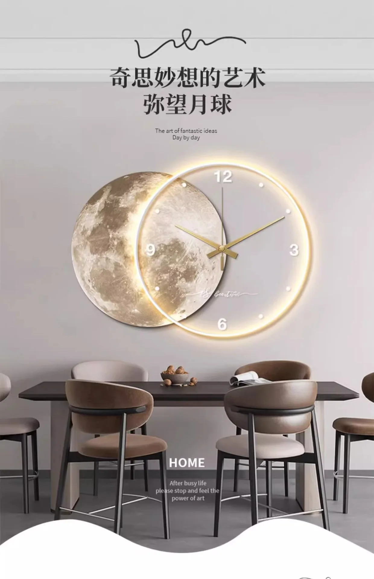 High end lunar LED lights with clocks, living room wall paintings, creative clock wall lights