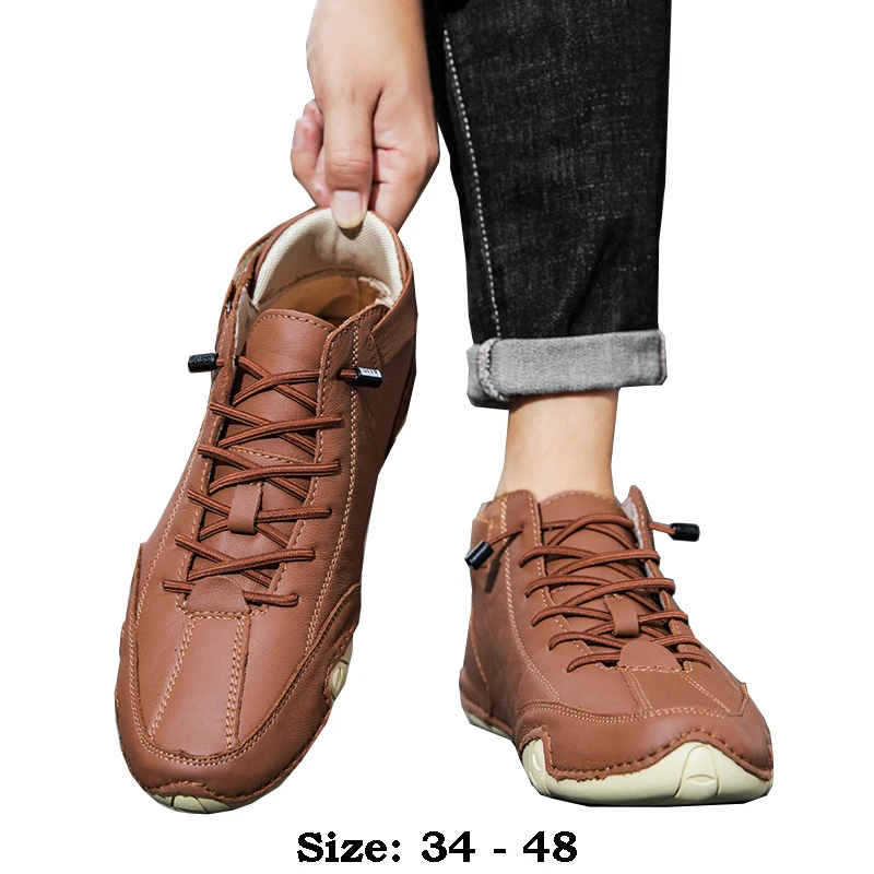 High quality ankle length high top leather shoes for men new 2024 autumn winter hiking outdoor causal big size shoe black brown