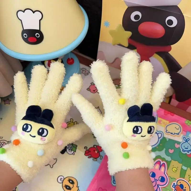 

1 Pair Cartoon Tamagotchi Autumn Winter Glove Plush Thick Warm Five Finger Gloves Suitable Students Travel Prevent Cold Weather
