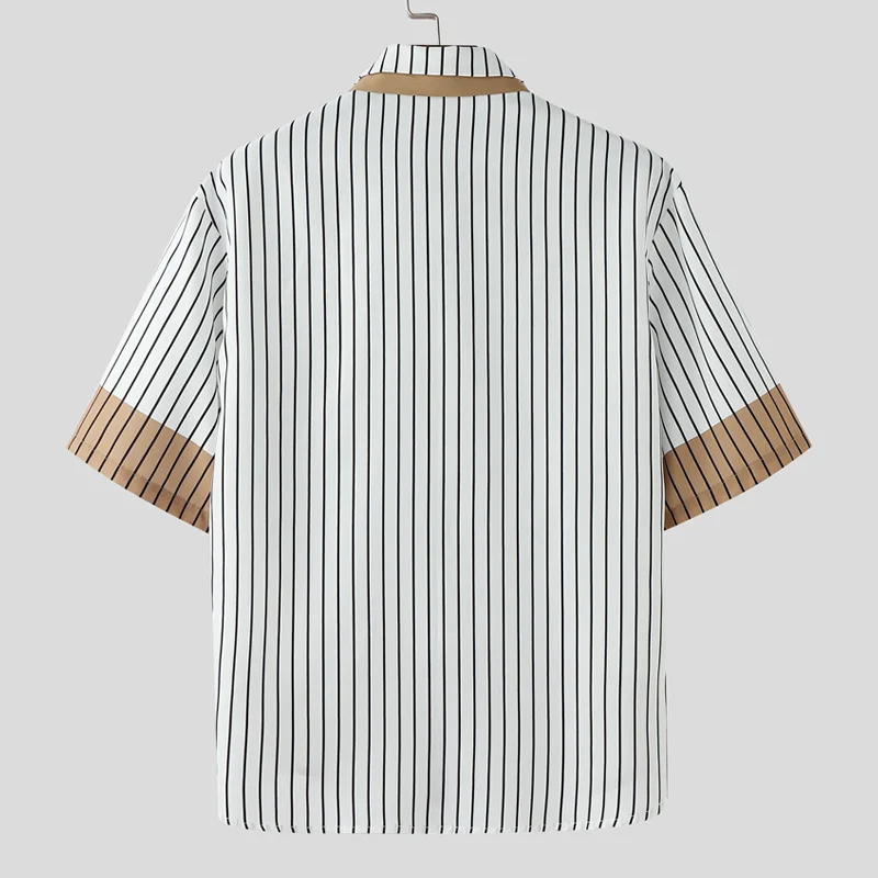 INCERUN الرجال قميص مخطط المرقعة التلبيب قصيرة الأكمام الرجال الملابس الشارع الشهير فضفاض الكورية نمط موضة قمصان الذكور عادية #5