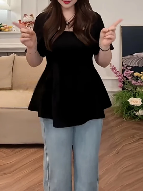 

plus Size Casual Summer T-irt Women's Faionable ort Sve Fi Tail Hem Waist Slimming Sli Top Korean Sle Commut...