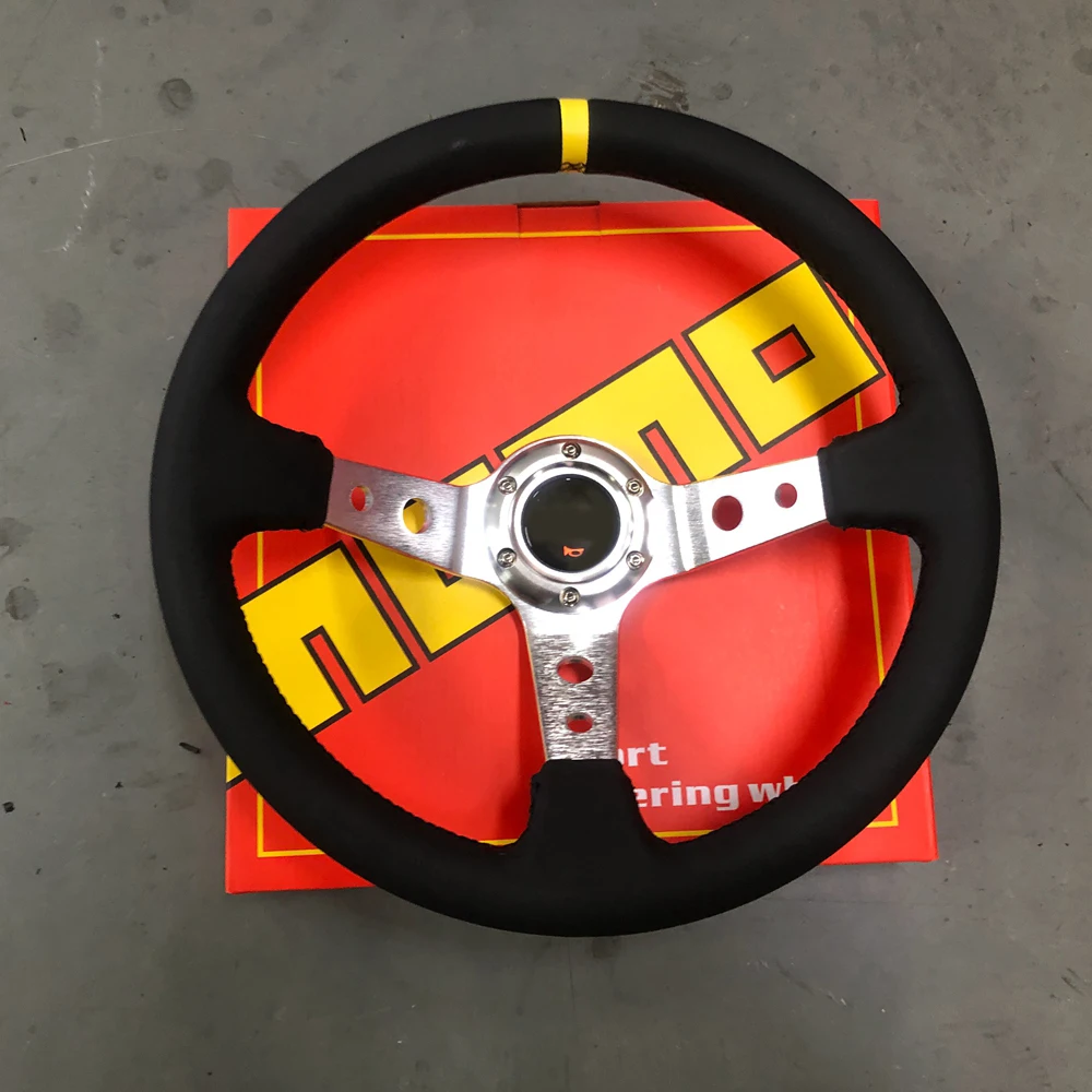 

350MM Mod Silver Racing Drift Real Leather Steering Wheel 14Inch Rally Deep Dish Sport Steering Wheel