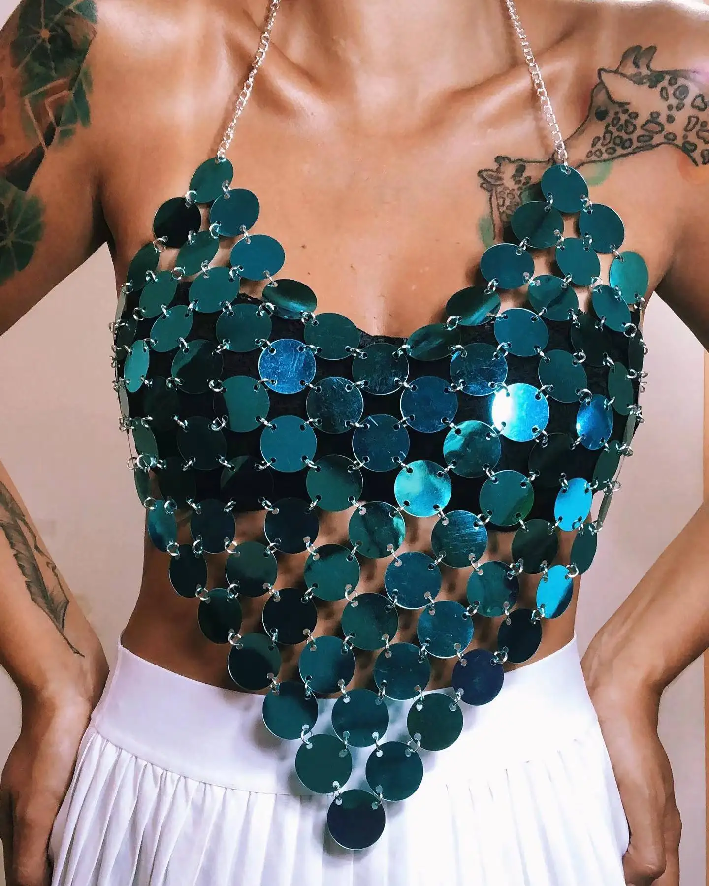 Green PMMA Beaded Short Camis Backless Neck Sling Shirt Tops Sexy Women Bikini Crop Night Clubwear Sequined Breast Body Chain