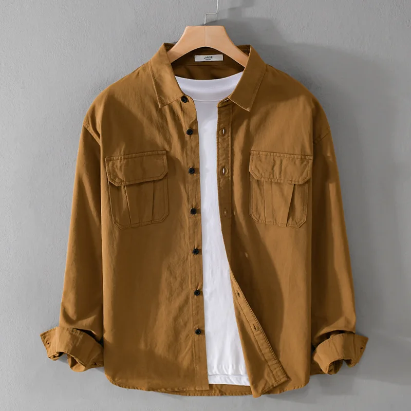 9858 Spring Fall Fashion Handsome Cargo Style Vintage Youth Shirts Casual Loose Long Sleeved Simple Tooling Male Khaki Blouse