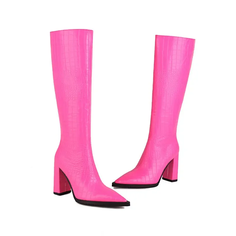 

Crocodile Elegator из искусственной кожи, оливково-зеленый цвет, пикантные сапоги до колена с острым носком для взрослых, женская зимняя обувь на блочном каблуке