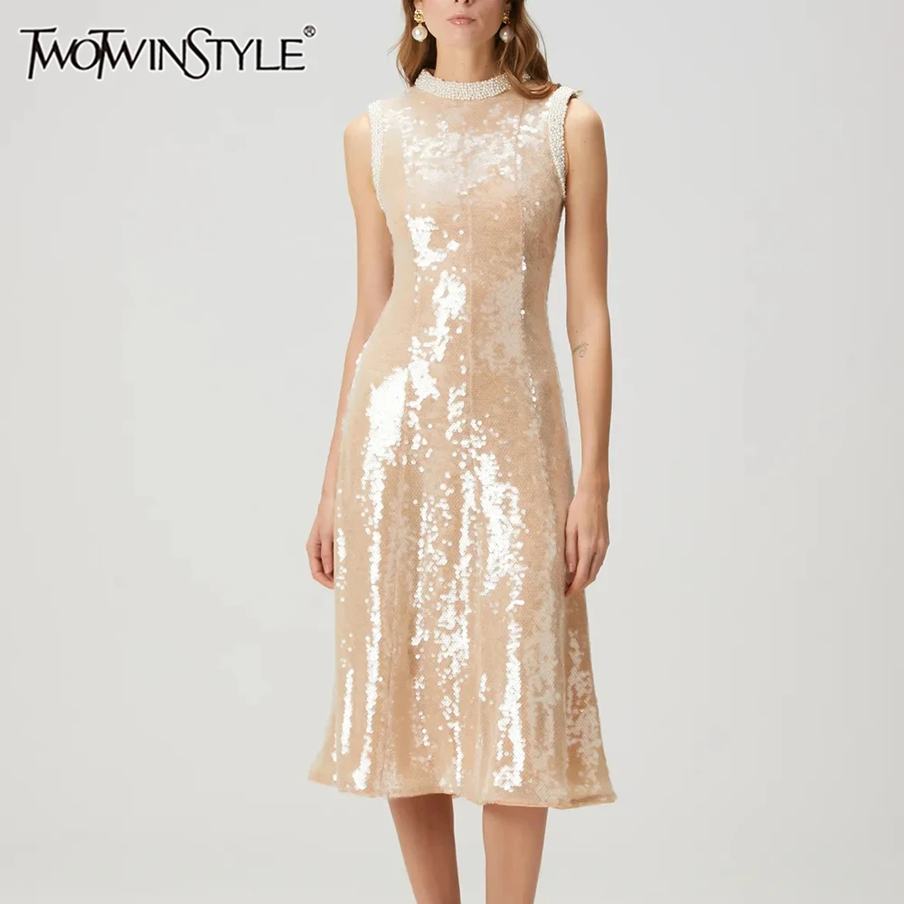 

TWOTWINSTYLE Solid Slimming Spliced Sequins Dresses for Women Round Neck Sleeveless Patchwork Bead Dress Female Fashion Style