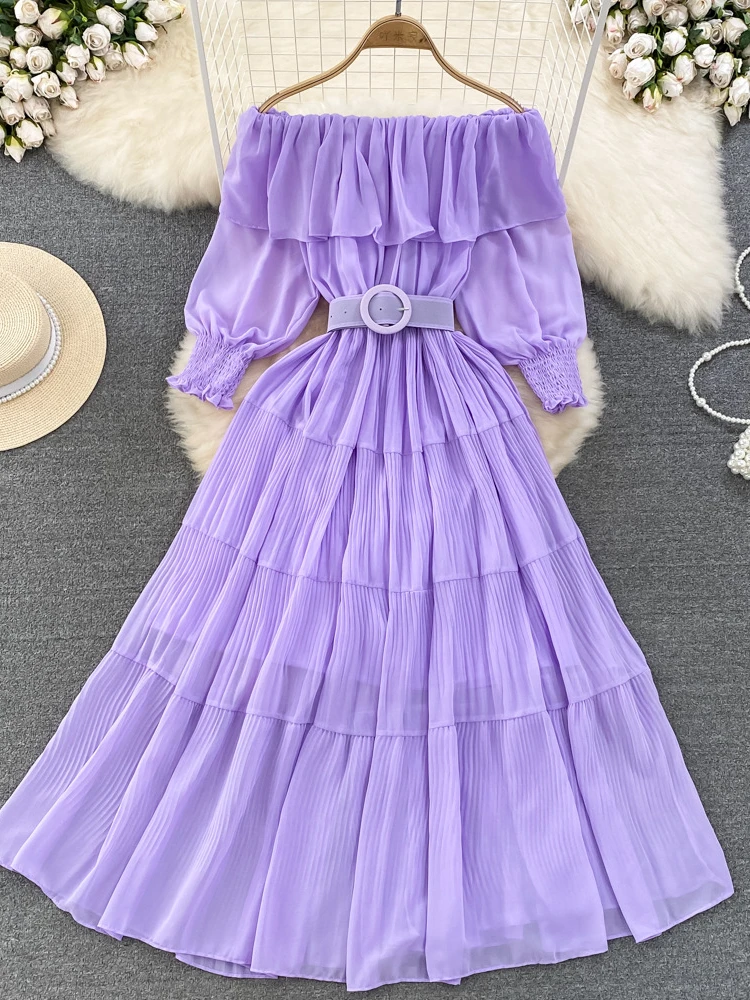 

Women Elegant Sexy Solid Folded Vintage One Shoulder Open Shoulder Lotus Leaf Edge Dress Summer High Waist Party Vacation Robe