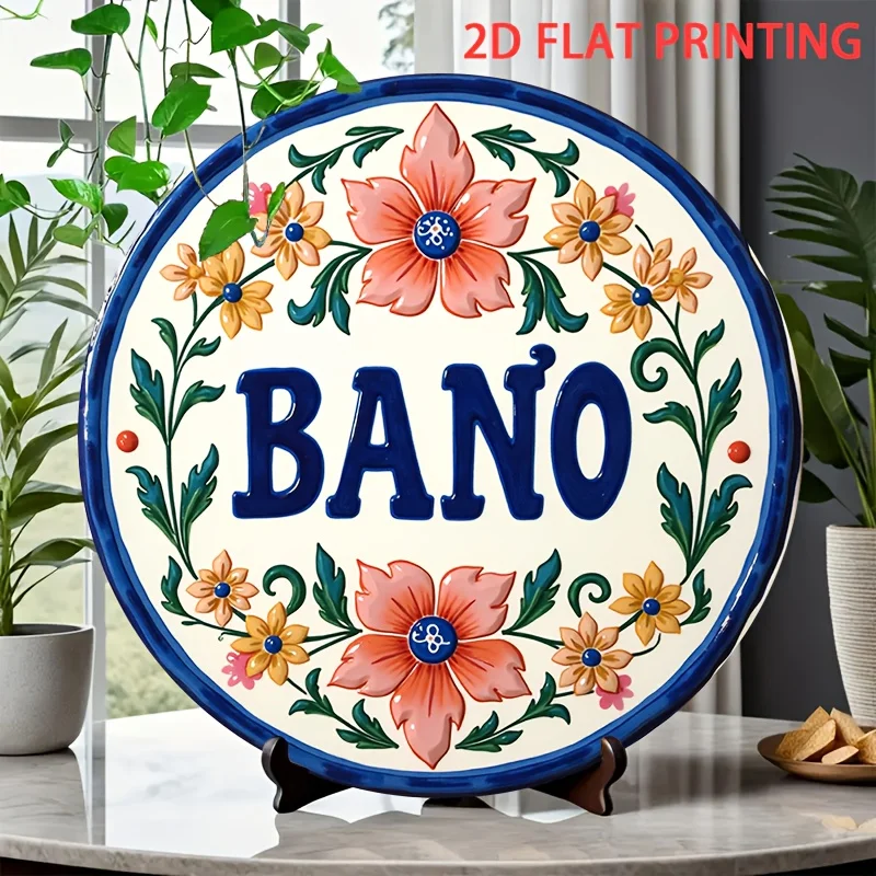 2D flach, 1 Stück 20,3 x 20,3 cm rundes mexikanisches Talavera-Fliesen-Blechschild – rustikales Vintage-Blau- und Orange-Blumendesign mit „Bano“-Schriftzug –