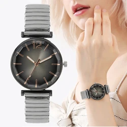 Women Fashion Gradient Colour Round Studded Quartz Watch Casual Stainless Steel Elastic Buckleless Strap Ladies Watches Clock