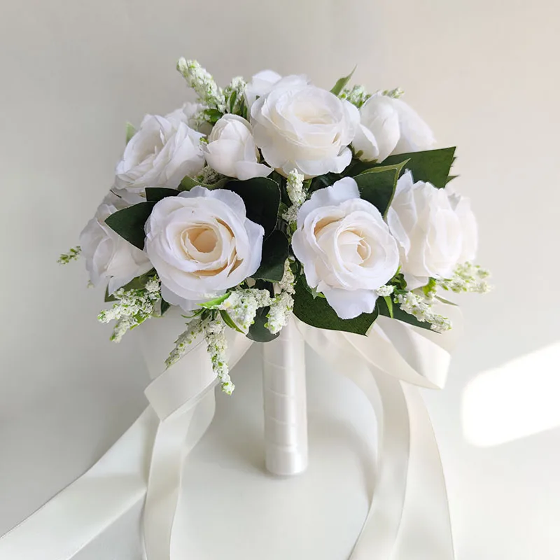 Ramo de novia, ramo de boda personalizado, accesorios de matrimonio para dama de honor, centros de mesa de boda blancos, flores artificiales hechas a mano