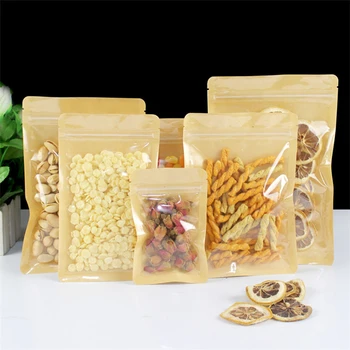 Brown One Side Clear Resealable Plastic Window Kraft Paper Flat Bottom Zip Lock Bag…