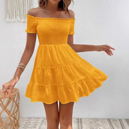 Nuovi arrivi Abbigliamento donna Abiti estivi Nuovo smocking manica corta tinta unita cuciture abito con scollo profondo