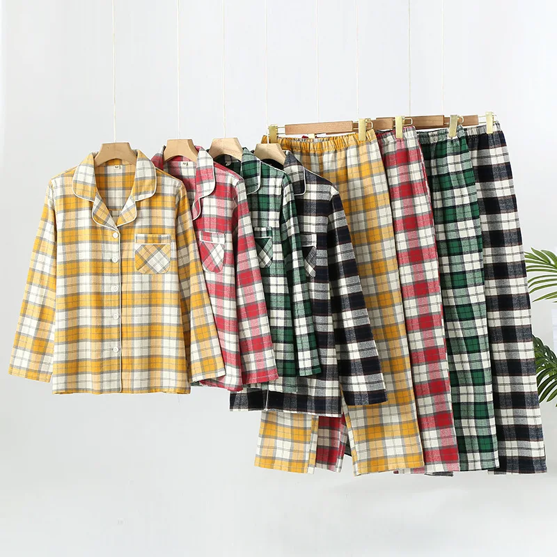 

Men's 100%Cotton Home Set Long-sleeved Trousers Suits For Autumn And Winter Pijamas For Women Brushed Plaid Design Pajamas