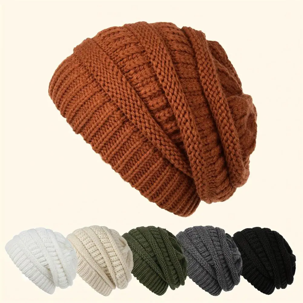 Unisex Winter Hat Thick Knit Cap Keep Warm Ear Headwear Brimless Elastic Baggy Cap Outdoor School Ski Beanies