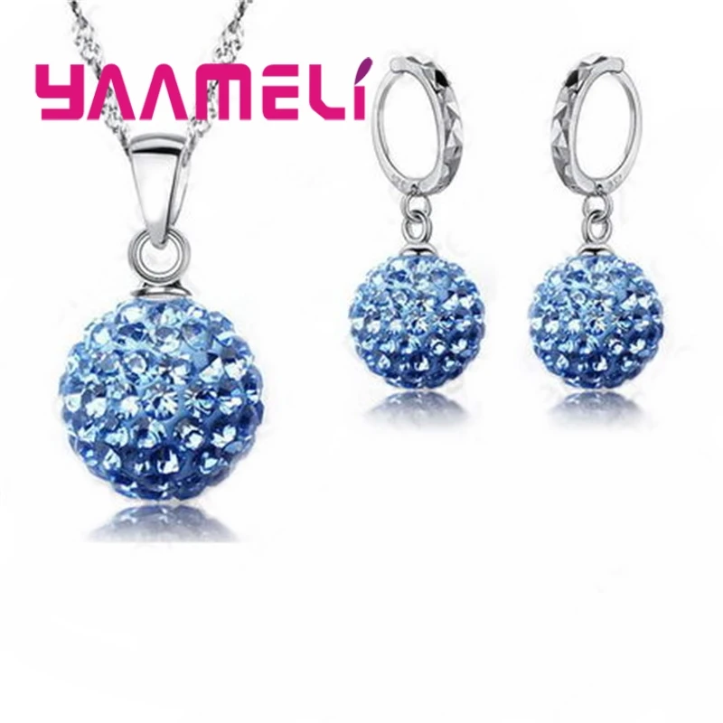 Classic CZ Crystal Disco Ball Earrings Necklace 925 Sterling Silver Color Jewelry Sets Wedding Party Women Valentine Gift