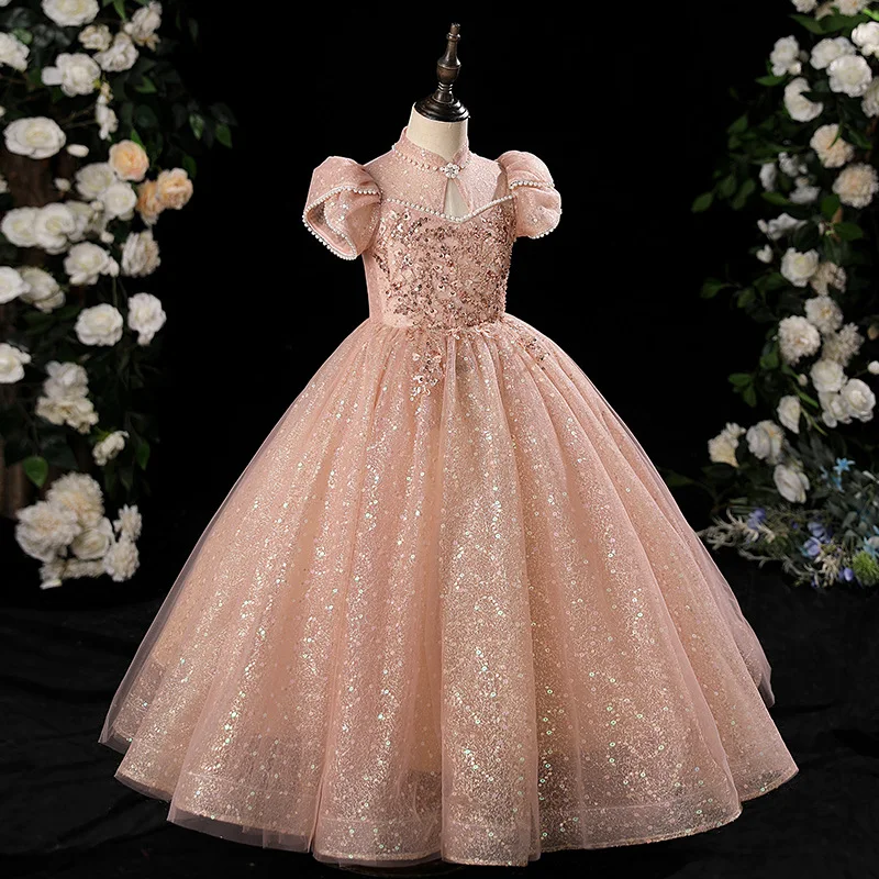 Girls First Communion Dress Children Pageant Ball Gown Girl Flower Wedding Sequins Dresses for Kids Piano Performance Vestidos