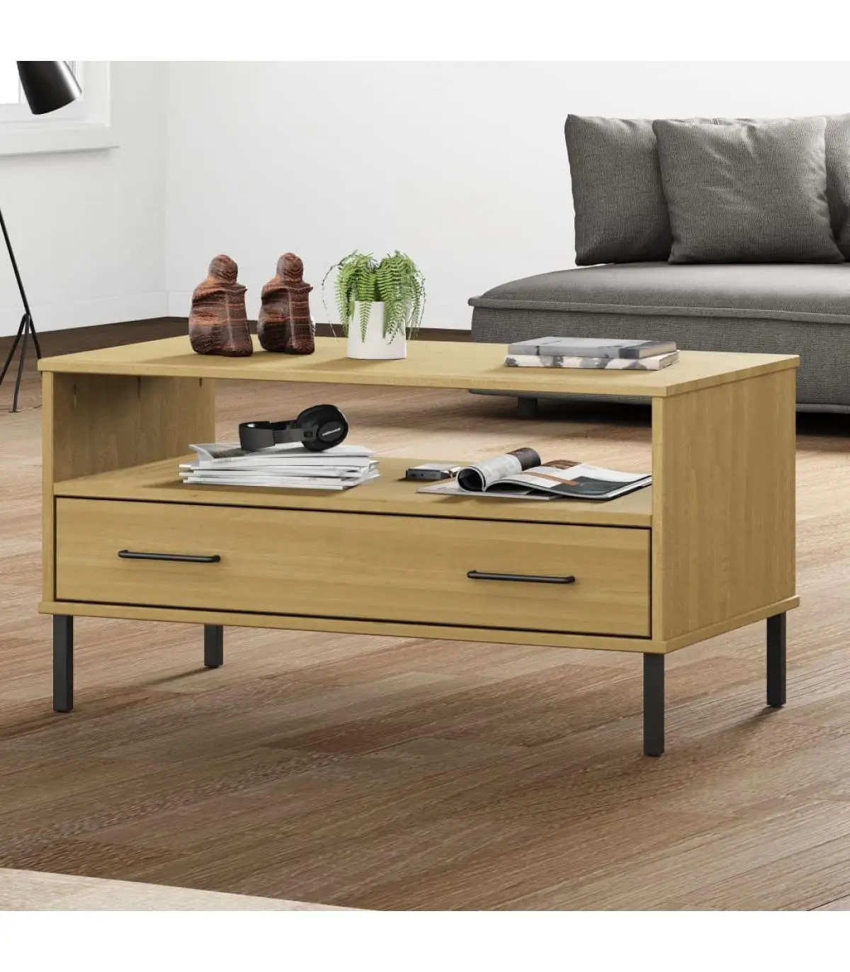 Coffee table coffee table legs metal OSLO solid wood Brown 85x50x45cm