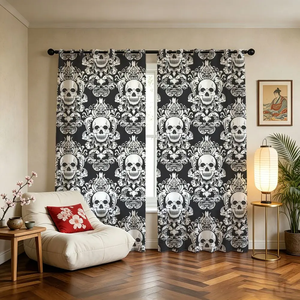 Vintage Floral Skull Printed Curtains 2 Panels Light Blocking Rate 85% Darkening Decoration Curtains Gothic Bedroom Drape