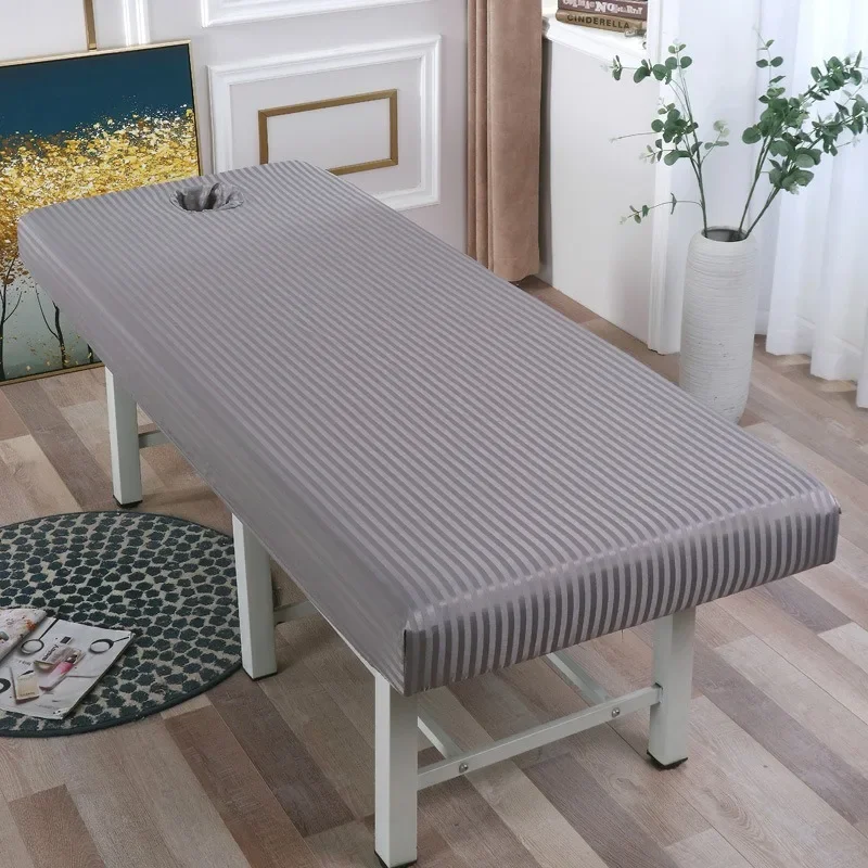 Striped Massage Table Fitted Sheet 70x190cm Elastic Edge Face Hole Non-Slip Design Cover Breathable Cotton Blend SPA Accessory