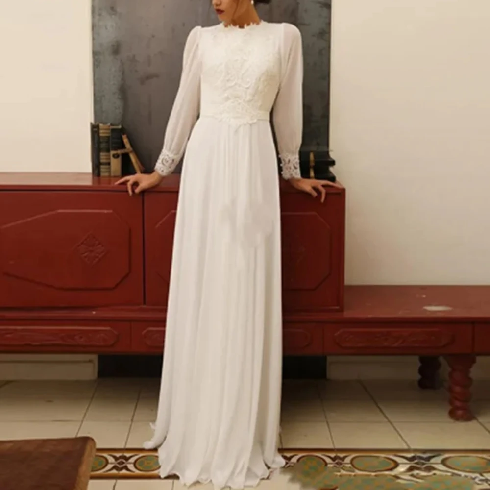 

Flavinke Customized Muslim Boho Wedding Dress 2025 Long Sleeves High Neck Vintage Bridal Dress Lace Appliques Vestido De Noiva