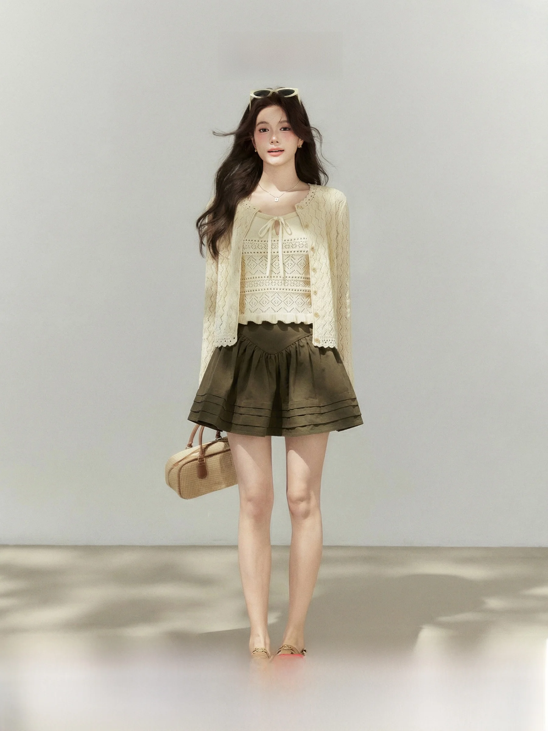 

Elegant Texture Hollow out Knitted Cardigan Strap Vest Top Skirt Three Piece Set plus Size Women Spring Fashion Ensemble