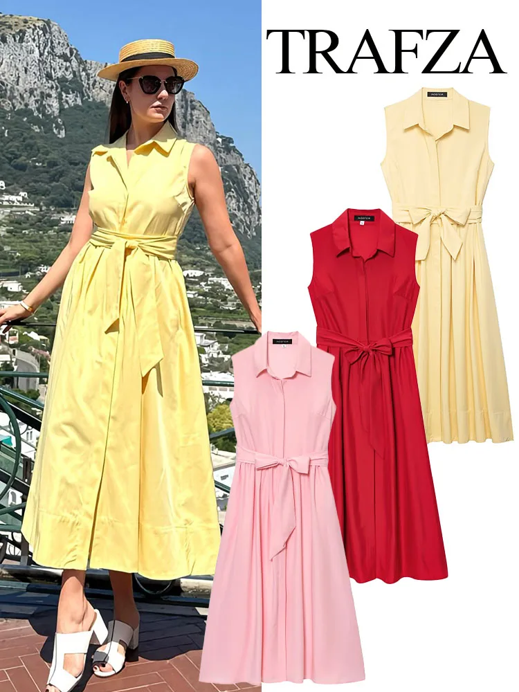 

HH Woman Summer Solid Pockets Sleeveless Lapel Dress Female Elegant Single-breasted Pleated Belt Shirt Style Midi Dress