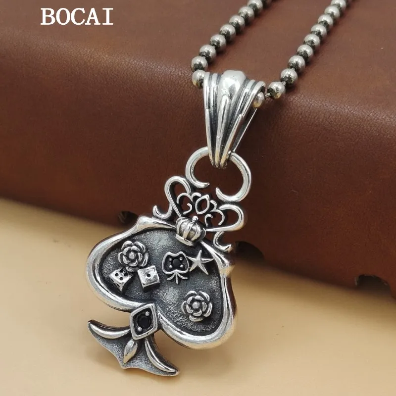 BOCAI New S925 Sterling Silver Retro Versatile Punk Pattern Rose Spade A Pendant Women's Gift