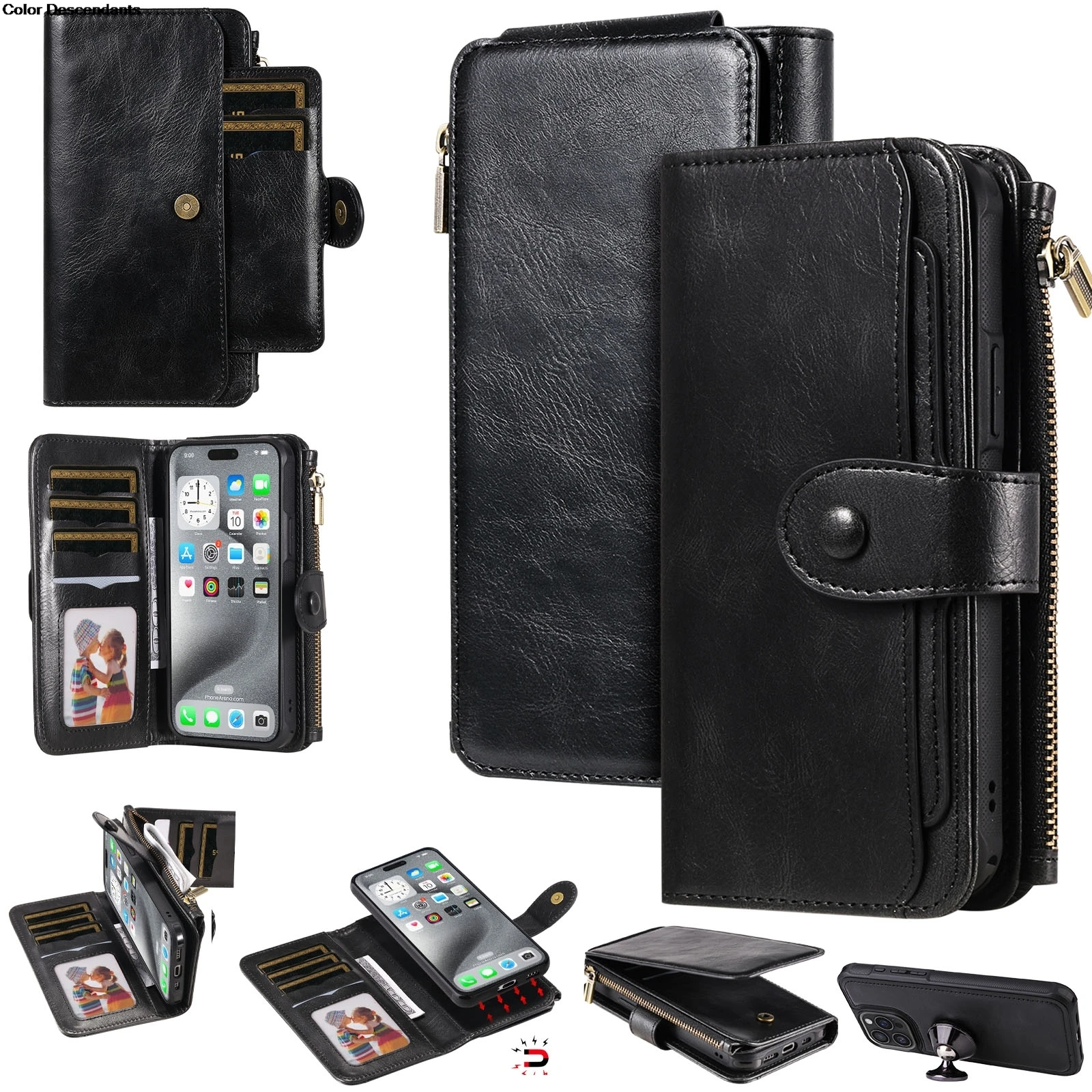 Luxury 2 in 1 Detachable Retro Leather Case for iPhone 15 Pro Max 11 12 13  14 Por Max Plus Zipper Wallet Purse  Phone Case