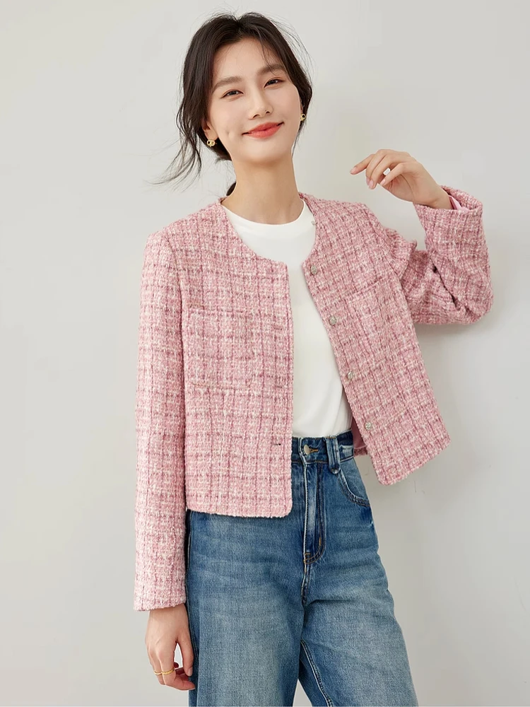 Vimly Wool Blend Crop Tweed Jacket 2024 Apricot Elegant O-neck Single Breasted Straight Long Sleeve Coat Female Overcoat M5819