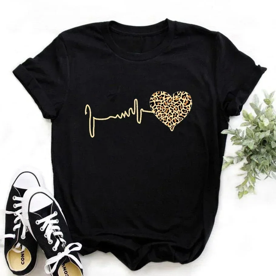 Puls Size New 90 ’s Leopard Heart Print Women T Shirt Fashion Short Sleeve Women T-Shirt Harajuku Graphic Clothing Women's Top ﻿