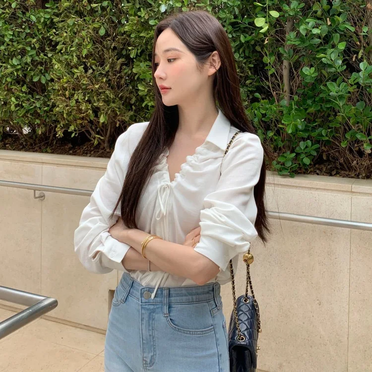 Elegant V-Neck Long Sleeve Shirt with Drawstring Belt Autumn New Style Women's Fashion Casual Shirt Chinese Brand