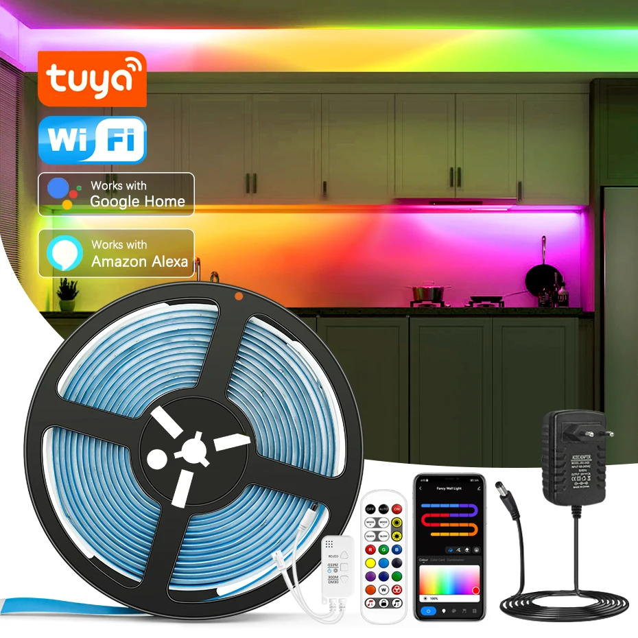 

Светодиодная лента RGBIC COB с регулируемой яркостью, 420 светодиодов/м, гибкая лента Dreamcolor, 24 В, умная RGB лампа, клейкая лента для кухонного освещения