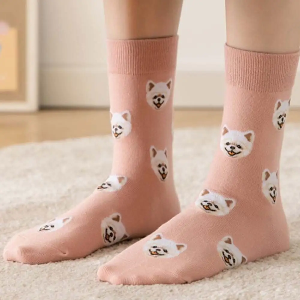 Calcetines de algodón con patrón de perro para mujer, medias de tubo medio, estilo universitario de Pomerania, Shiba Inu, dibujos animados, estilo coreano