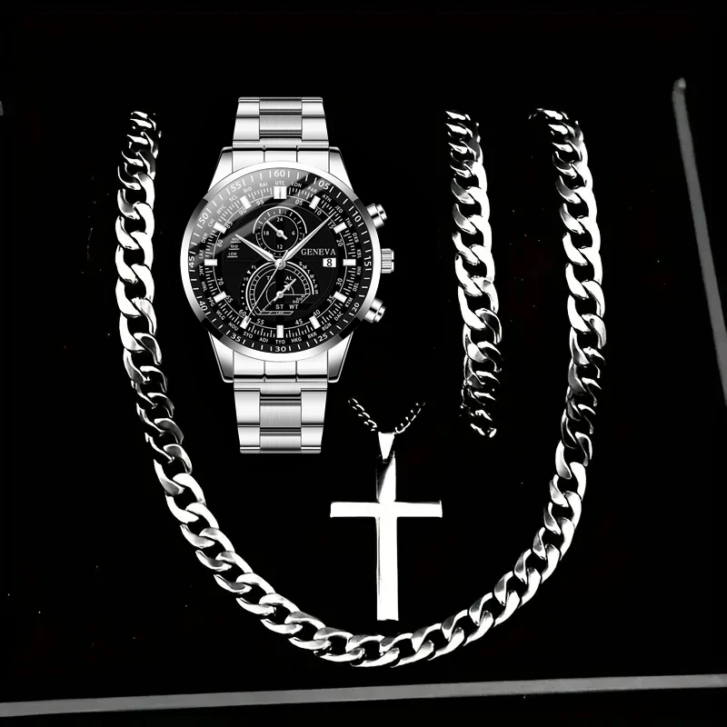 4pcs men's business watch fashionable quartz watch with necklace and bracelet set suitable for daily wear and holiday gifts