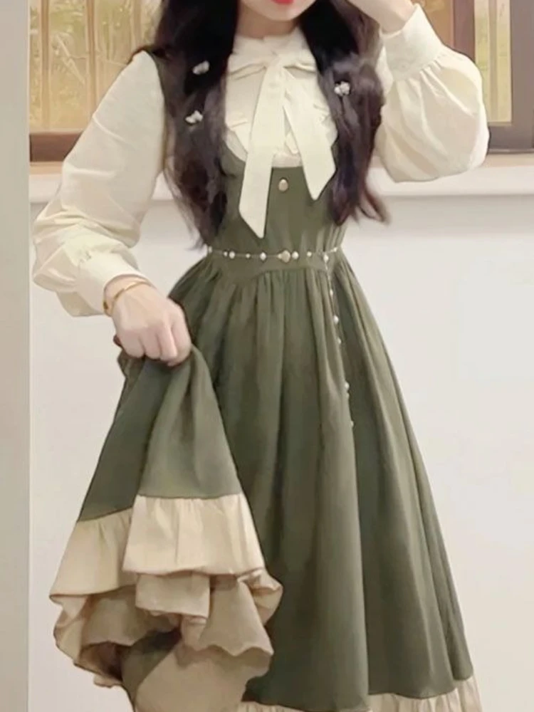 2025 جديد اليابانية الكورية Kawaii Preppy لوليتا تصميم فستان بحزام + موضة طالبة الحلو ربطة القوس فيونكة قميص قطعتين مجموعات