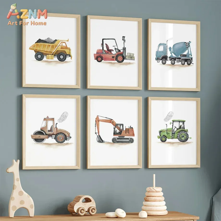 6pcs Nordic Modern cartoon car engineering vehicle excavator Room  Bedroom home decoration poster