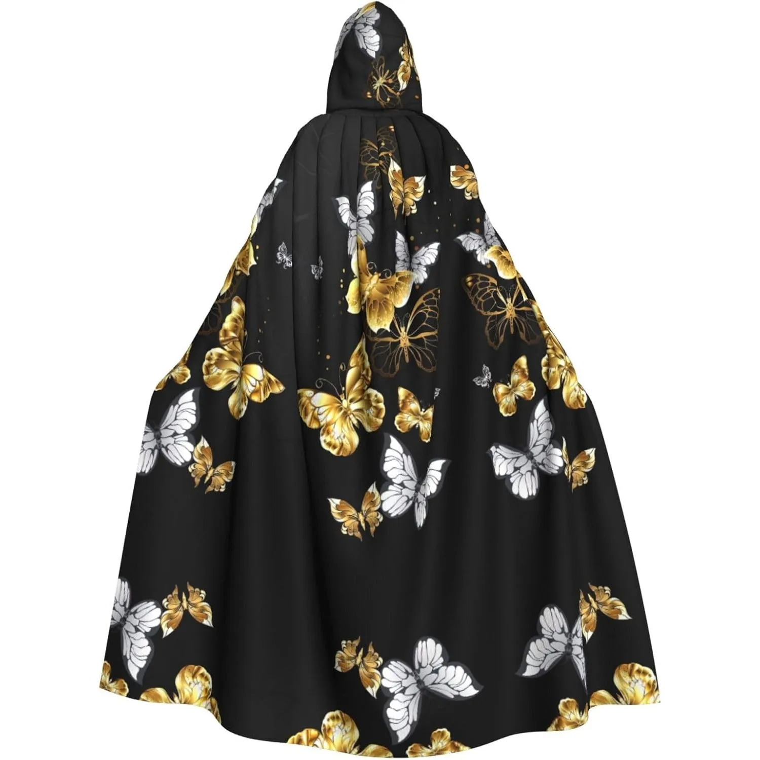 

Золотые, белые бабочки, черный принт, накидка с капюшоном для взрослых, карнавальная праздничная накидка, халат для косплея, костюм для вечеринки, готический карнавал