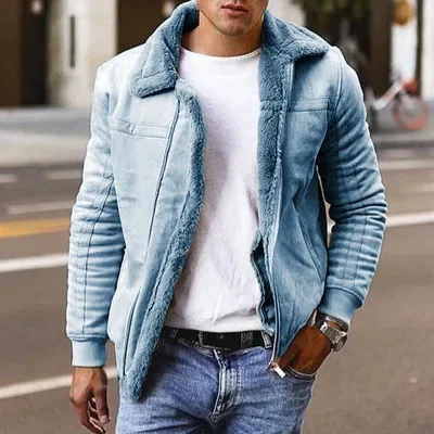 Men Autumn Winter Coat Faux Leather Long Sleeve Solid Color Turndown Collar Zippers Casual Warm Comfortable Regular Standard Fit