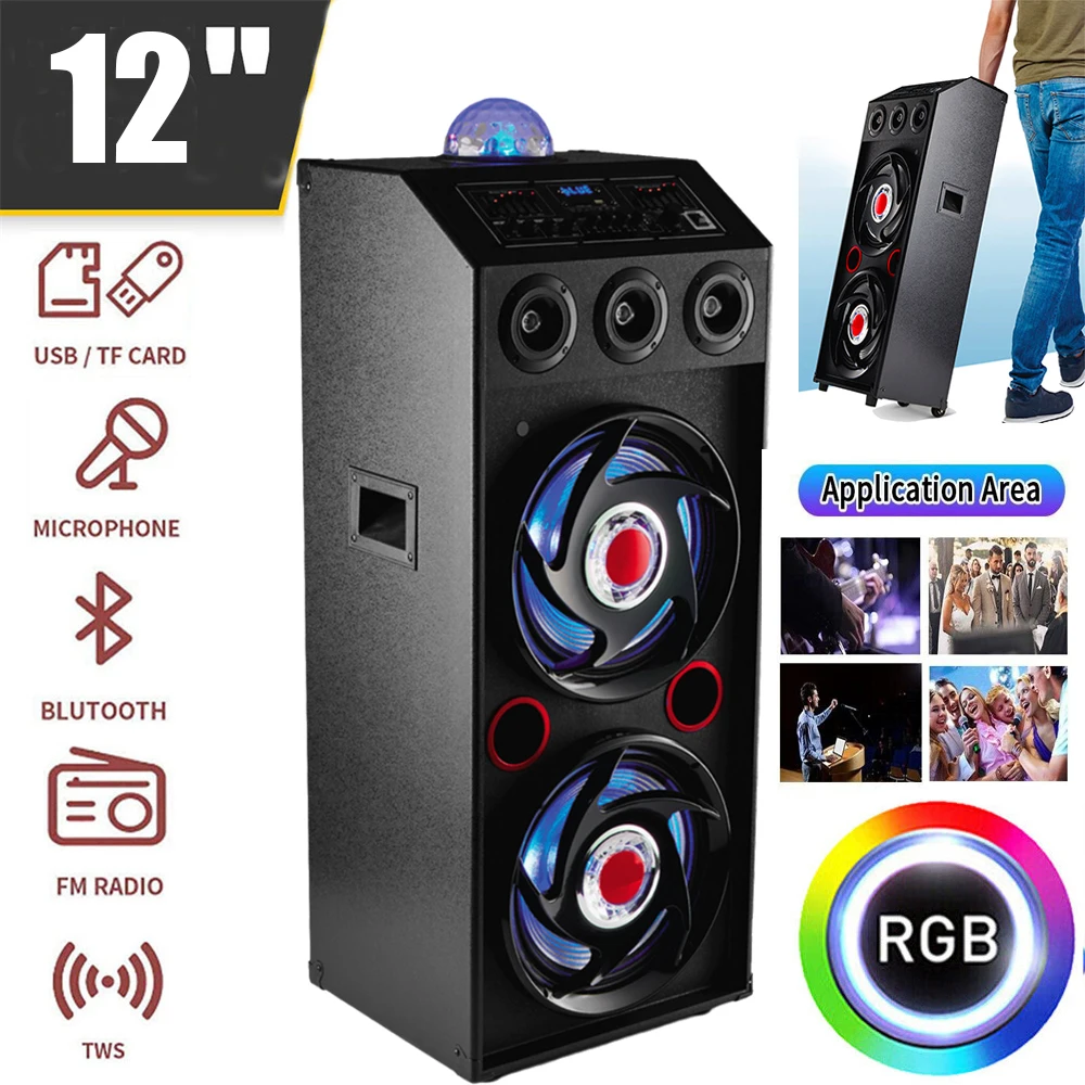 5000W  Portable Bluetooth Party Speaker DJ Karaoke Heavy Bass Rechargeable Sound System  Led Light Dual 12" Subwoffer