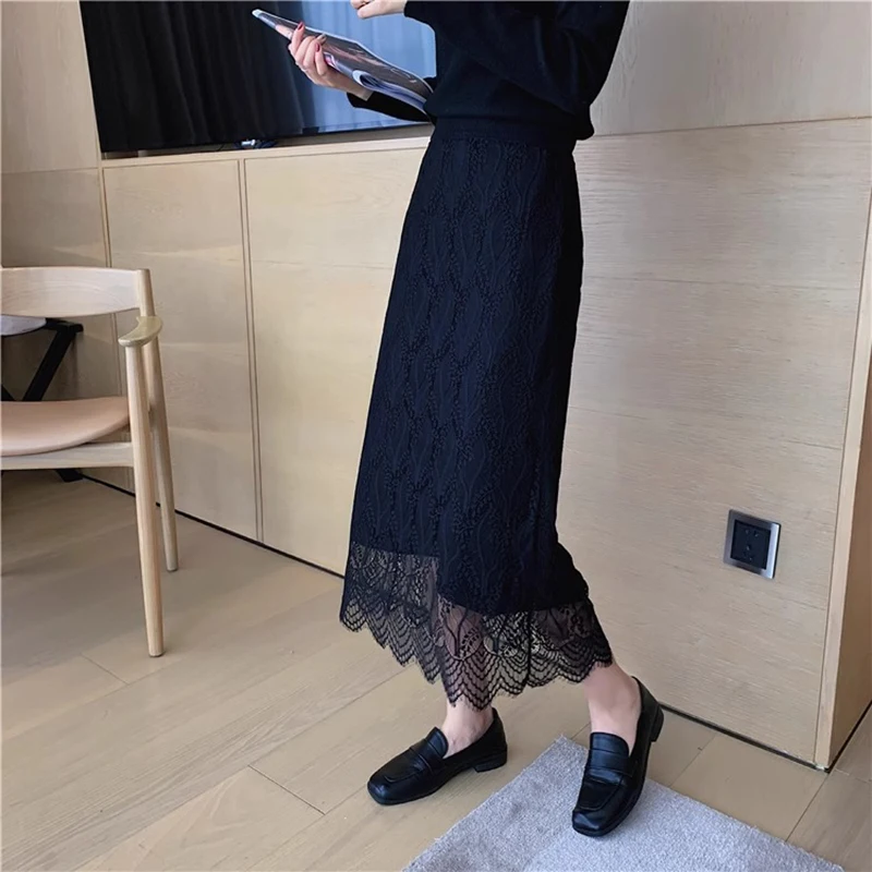 

Lace Knitted Skirt For Women High Waist Hollow Out Mid-length Wrap Hip Skirts Both Sides Wear Autumn Winter Ladies Skirt