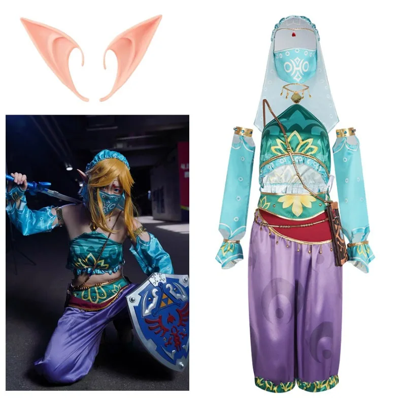 

Game Elf Princess Desert Dress Summer Cosplay Link Outfits Woman Dancewear Costume Halloween Carenival Party Suit Wig Ears
