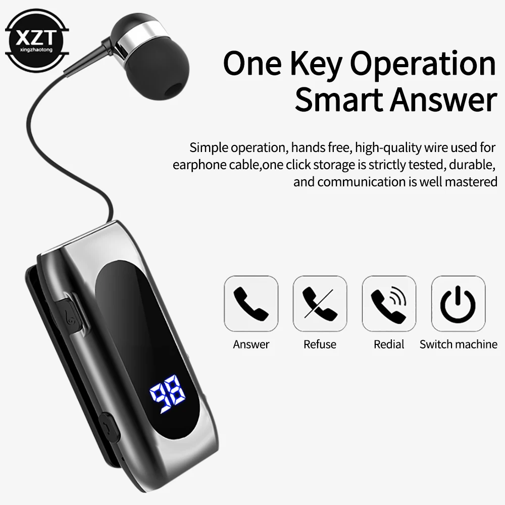 K55 Lavalier Business Bluetooth 5.2 Headphone Talk/Music Time 20 Hours,LED Digital Display, Retractable Wireless Earphones