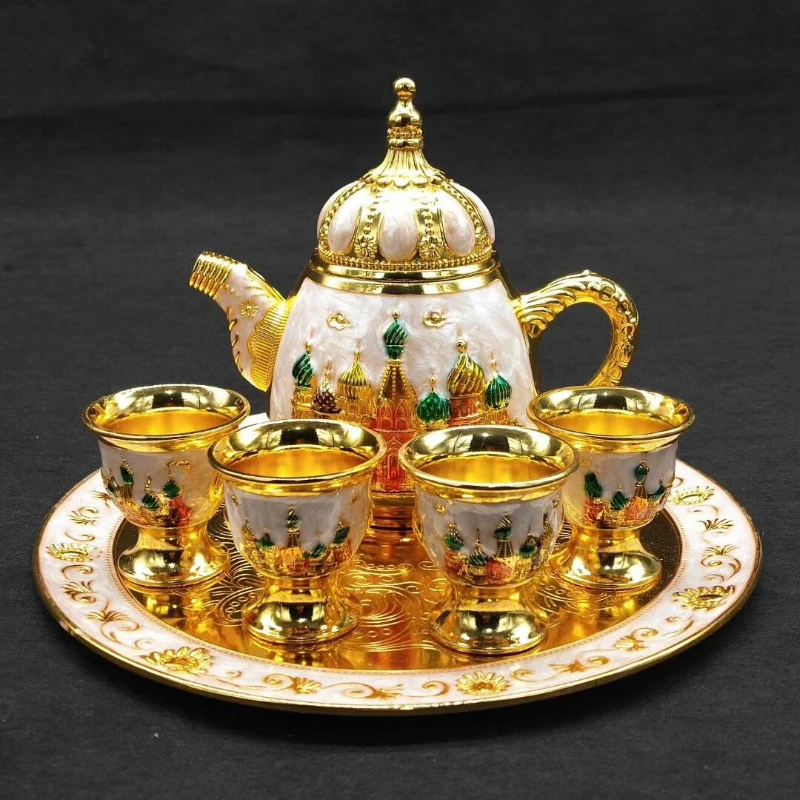 Russian Classic Tea Set, European Tea Set Metal Alloy Sets Teapot Craft Decoration Home Decoration Teaware Sets