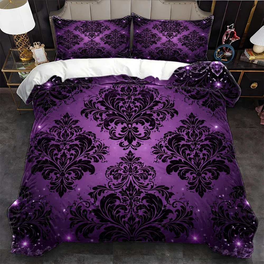 Light Luxury Floral Duvet Cover Set 3Pc with Rhinestones - Silky Skin-Friendly Bedding Machine Washable Invisible Zipper for Bed