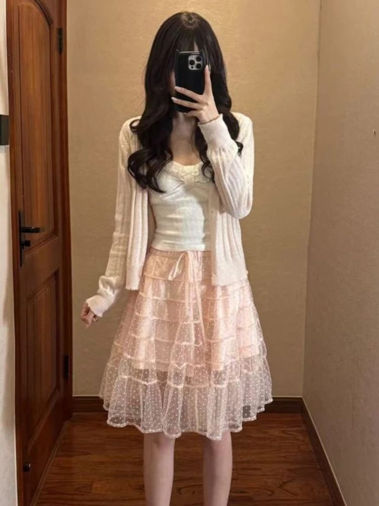 Korean Fashion Slim Fit White Lace Bow Long Ruffle Sleeve Knit Cardigan Cami Top 3 Piece Set Women Kawaii Pink Short Skirt Set view 2