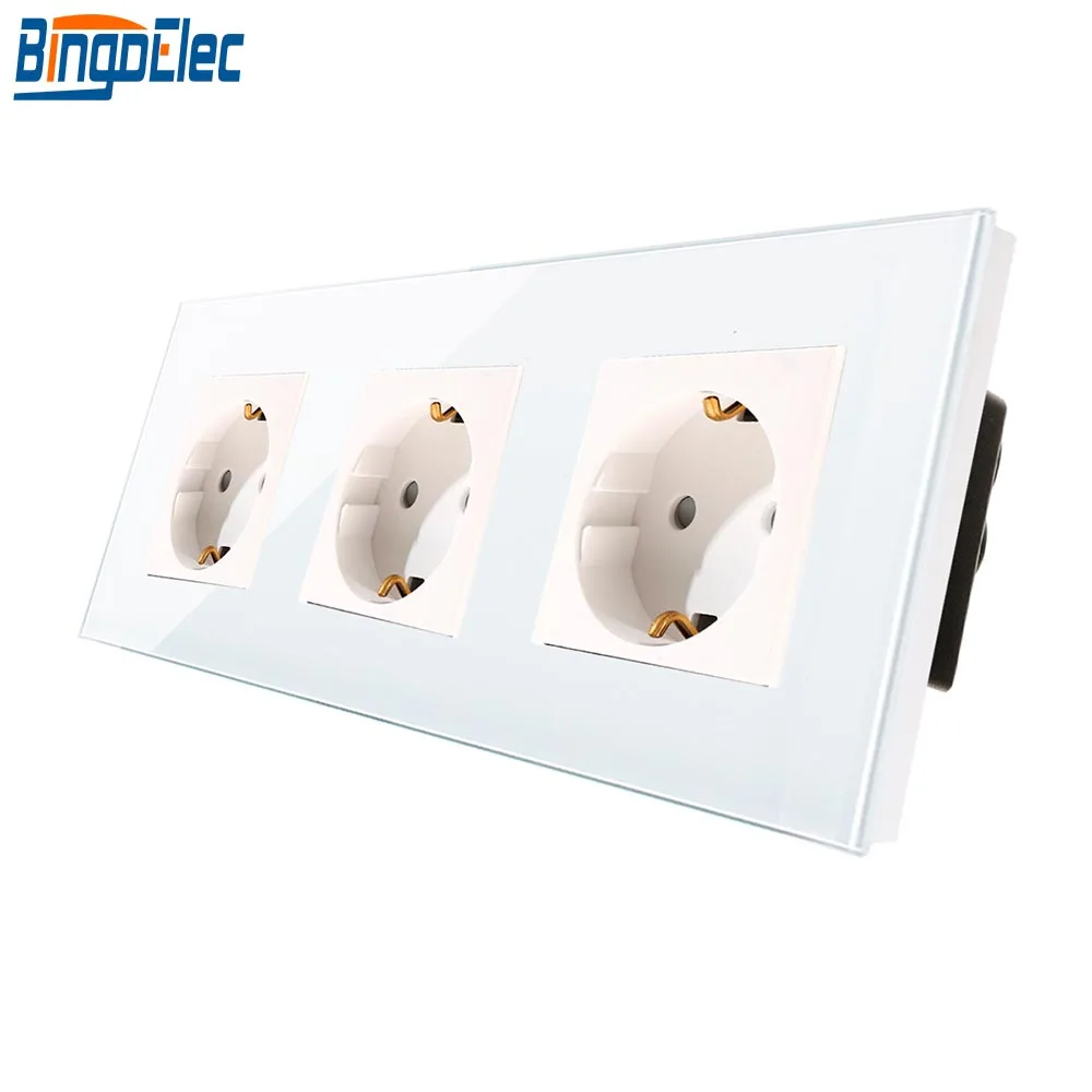 Bingoelec EU Standard Triple Germany Power Socket White Black Gold Crystal Toughened Glass Panel 16A Wall Socket 86*228mm